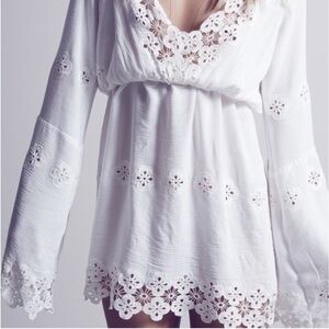 For Love and Lemons White V neck Eyelet Lace Bell Sleeve Woodstock Mini dress